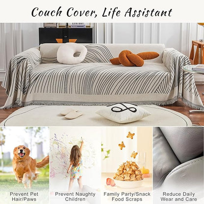 STACYPIK Stylish Striped Sofa Cover for Dogs,Non Slip Couch Protector for 3 Cushion Sofa, Pet-Friendly Couch Covers for Loveseat, Washable Boho Jacquard Couch Cover Blanket for Living Room-71X134IN
