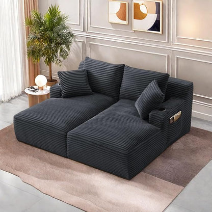 Oversized Sectional Double Chaise Lounge, Compressed Boneless Lounge Chaise with Cupholders, Boneless Sofa with Deep Seat, Fluffy Modern Sleeper Loveseat for Indoor Living Room, Dark Grey