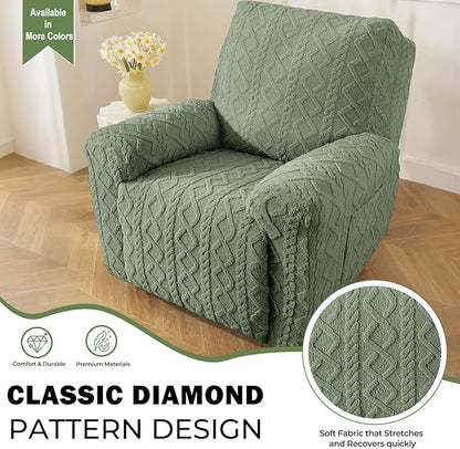 vctops Christmas Green 4 Pieces Geometric Jacquard Plush Recliner Slipcovers Soft Fuzzy Fluffy Sofa Couch Cover Anti-Slip Furniture Protector with Elastic Bottom for Kids Cats Dogs(Green,1 Seat)