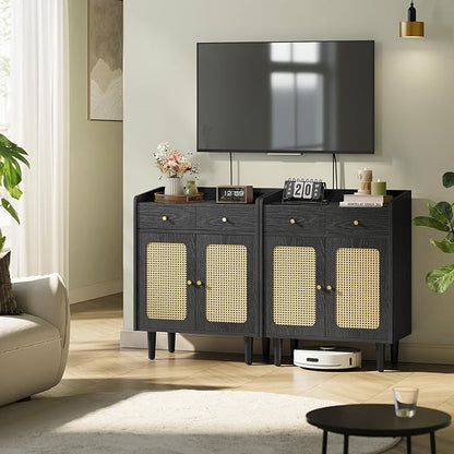 VASAGLE BOHOVEN Collection - Buffet Cabinets, Set of 2, Sideboard Storage Cabinets with Rattan-Like Doors and Drawers, Accent Cabinets, Adjustable Shelf, Boho Style, for Living Room, Ebony Black