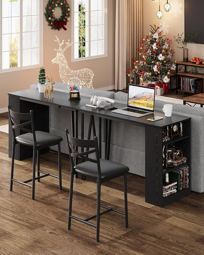Garvee Bar Table and Chairs Set, 3 Piece Bar Table Set with with Flip Top Extension and Storage Shelves, Dining Table Set for 2, Suitable for Small Space Kitchen Apartment, Black