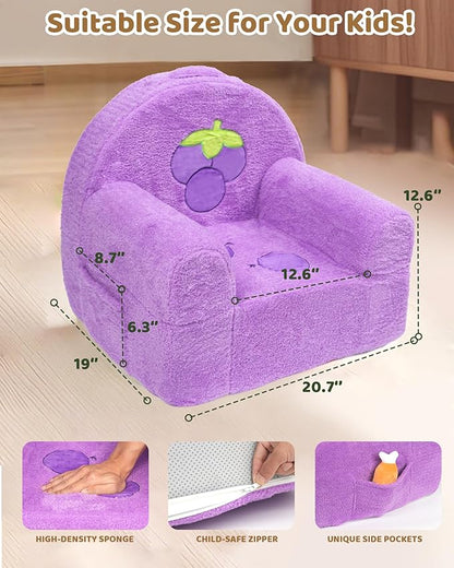 Toddler Chair, Comfy Foam Kids Couch with Soft Velvet Cover, Toddler Couch with Cute Grape Design for Gaming and Studying, Kids Sofa for Boys and Girls