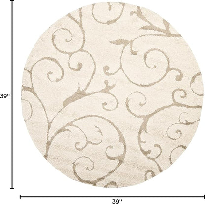 SAFAVIEH Florida Shag Collection Area Rug - 3'3" Round, Cream & Beige, Scroll Design, Non-Shedding & Easy Care, 1.2-inch Thick Ideal for High Traffic Areas in Living Room, Bedroom (SG455-1113)