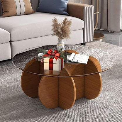 Glass Coffee Tables for Living Room Modern Elegant Round Coffee Table Mid Century Farmhouse Center Table with Solid Wood Frame and Tempered Glass Tabletop, Easy Assembly,31.5''