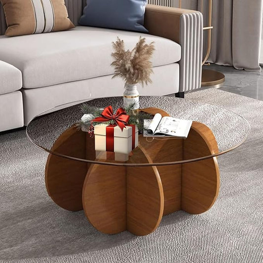 Glass Coffee Tables for Living Room Modern Elegant Round Coffee Table Mid Century Farmhouse Center Table with Solid Wood Frame and Tempered Glass Tabletop, Easy Assembly,31.5''