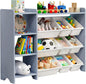 MallBest 4-Tier Kids' Toy Storage Organizer Shelf - 100% Solid Wood,Children's Storage Cabinet with 9 Plastic Bins and 3 Storage Ports(Grey-Single Color)