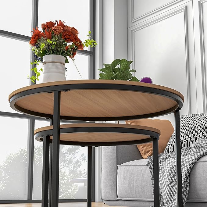 Industrial Round Coffee Table Set of 2 End Table for Living Room,Stacking Side Tables, Sturdy and Easy Assembly,Wood Look Accent Furniture with Metal Frame,Black+Teak OAKDK