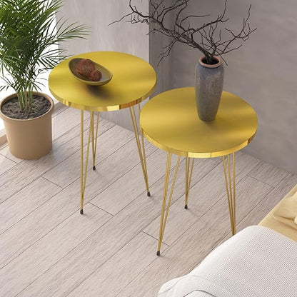 PAK HOME Set of 2 High Gloss Gold End Tables Round Wood Sofa Side Coffee Tables for Small Spaces, Nightstand Bedside Table with Metal Legs for Bedroom, Living Room, Office, Balcony