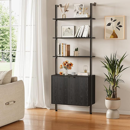 74" Tall Bookshelf with Storage Cabinet, Modern Ladder Shelf with Wood and Metal Frame, Wall Mount Bookcase Open Display Shelf Furniture for Living Room, Bedroom, Home Office，Black