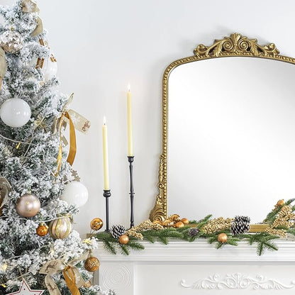 Antiqued Gold Ornate Mirror Arched Mantel Wall Mirror Baroque Inspired Bathroom Vanity Rectangle Wall Mounted Mirror, 30 x 34''