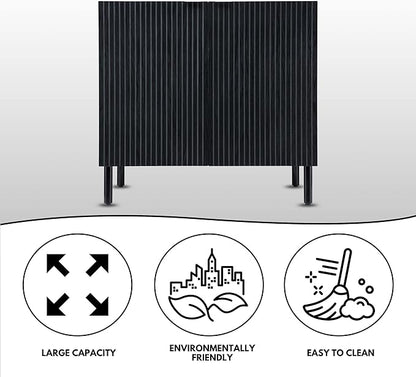 Sango Merk 2-Door Cabinet, Modern Black Storage Cabinet with Vertical Groove Doors, Adjustable Shelf, Cylindrical Wood Legs, Discreet Metal Finger Pulls, Stylish Furniture for Living or Dining Room
