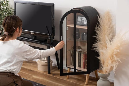 PaletteLife Arched Figurine-Case 4 Tier Collection Shelf, Oak Wood Grain with Glass Door and 2 Movable Glass Shelves, No Mirror, White, PT-621WH