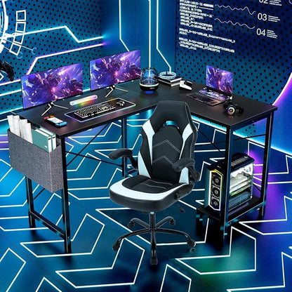 Whitmor L Shaped Gaming Desk - 50 Inch Reversible Corner Computer Desk with Wood Top, Metal Frame, CPU Stand & Side Bag, Home Office Dorm Sturdy Writing Workstation, Black