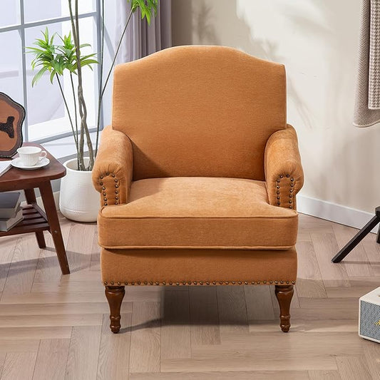 Ball & Cast Accent Chair with Nailhead Trim Armchair,Comfy Chenille Club Sofa Living Room Chairs w/Springs Cushions & Wood Legs,Traditional Single Couch for Bedroom,Farmhouse,Orange
