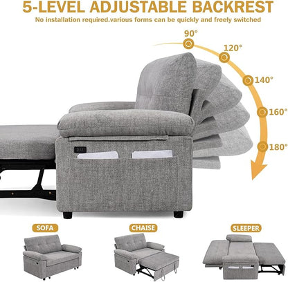 Vipbear 58" Convertible Sofa Bed, 3-in-1 Pull Out Sleeper Sofa with USB Ports & Adjustable Backrest, Loveseat with Side Pocket for Living Room, Apartment, Tool-Free Assembly, Chenile Light Grey