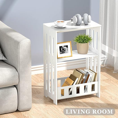 3 Tier Side Table Night Stand, Narrow End Table with Display Shelf, Small Bookcase Bookshelf, Simple Bedside Table Storage Rack for Bedroom, Living Room, Office, Bathroom, White