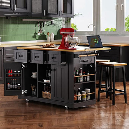 53" Large Kitchen Island with 2 Bar Stools,Power Outlet & Door Internal Storage Rack,Kitchen Storage Cart on 5 Wheels W/Drop Leaf,5 Open Side Racks & 3 Drawers,for Kitchen,Dining Room,Black