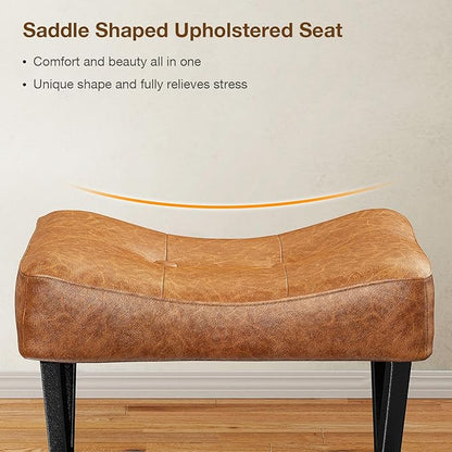 18-Inch Leather Vanity Stool Chair, Vanity Bench with Metal X-Leg, Ottoman Foot Stool with Thick Padded Saddle Seat, Brown