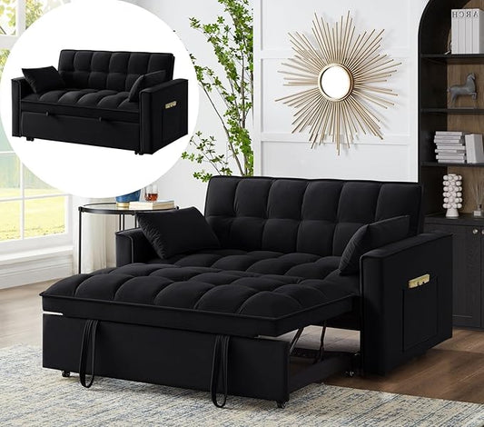 KEIKI Velvet Loveseat Convertible Sofa Bed Sleeper Chair with Adjustable Backrest, Pillows & Storage Pockets, 3 in 1 Pull-Out Couch Chaise Lounge Recliner for Living Room Balcony Bedroom, Black