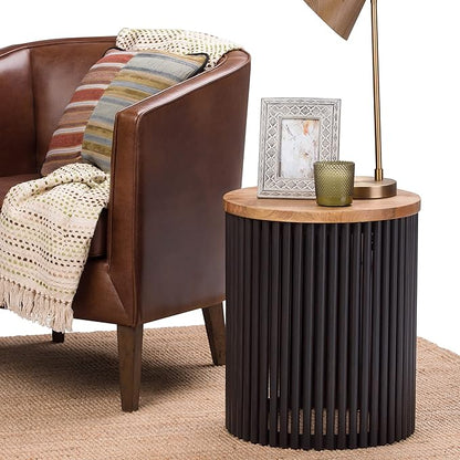 SIMPLIHOME Demy 18-inch Wide Metal and Solid Mango Accent Table in Natural/Black, Round Side Table with Mango Wood Top for Living Room or Bedroom, Industrial Style, Assembled