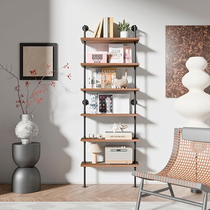 Pipe Industrial Shelves, Wall Mounted Wood Metal Ladder Rustic Bookshelf (Walnut Color, 6 Tier - 10" D x 30" W x 82.5" H)