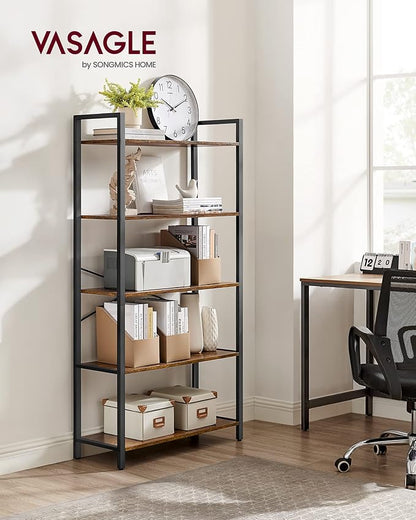 VASAGLE 5-Tier Bookshelf, Bookcase with Steel Frame, Book Shelf for Living Room, Home Office, Study, 11.8 x 26 x 60.2 Inches, Industrial Style, Rustic Brown and Ink Black ULLS061B01