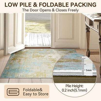 Washable Area Rugs 6'x9' Non-Slip Modern Abstract Soft for Living Room Entryway Bedroom Nursery, Print Pattern, Teal Blue Taupe