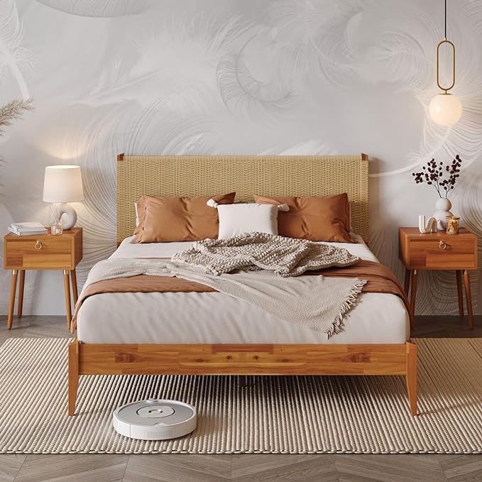 Bme Selina Headboard Queen Size Bed Frame - Handcrafted Paper Cord Headboard, 12-Slat Support, No Box Spring Needed - Easy Assembly, Caramel