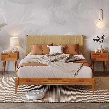 Bme Selina Headboard Queen Size Bed Frame - Handcrafted Paper Cord Headboard, 12-Slat Support, No Box Spring Needed - Easy Assembly, Caramel
