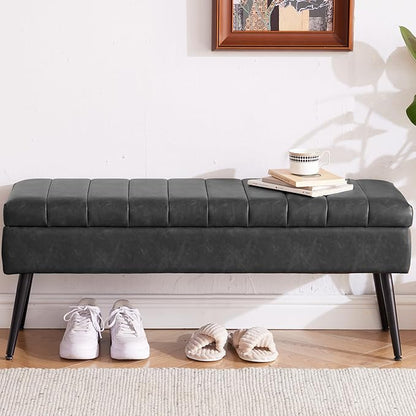 CUYOCA Storage Ottoman Bench, 43.5" Faux Leather Upholstered Entryway Bench, Long Ottoman with Storage for Living Room, Support 660lbs - Black