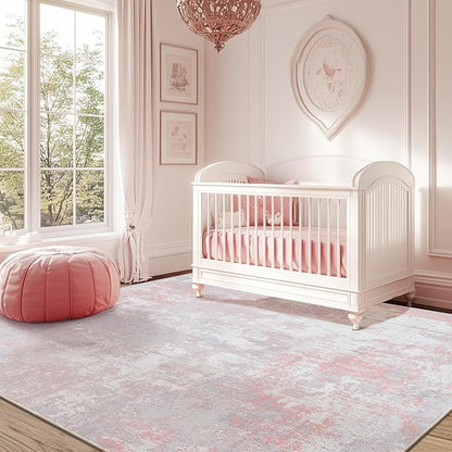 Washable Area Rugs 5'x7' Non-Slip Modern Abstract Soft for Living Room Entryway Bedroom Nursery, Print Pattern, Grey Pink