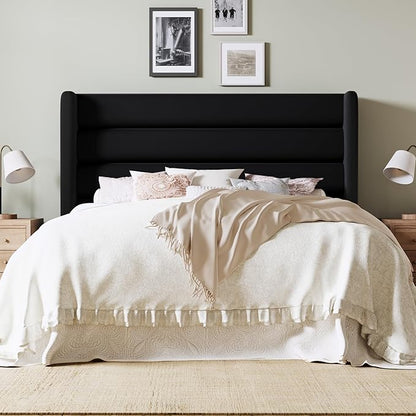 Allewie Full Size Platform Bed Frame with Velvet Upholstered Wingback Headboard, No Box Spring Needed, Under Bed Storage Space, Strong Wooden Slats, Modern Mattress Foundation, Easy Assembly, Black