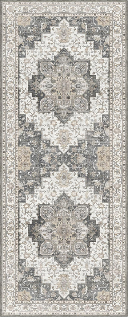GENIMO 2x12 Runner Rugs for Hallway, Machine Washable Non Slip Vintage Rugs, Low Pile Lightweight Soft Print Rug for enrtyway, Corridor, Home Office, Kitchen, Heathered Grey
