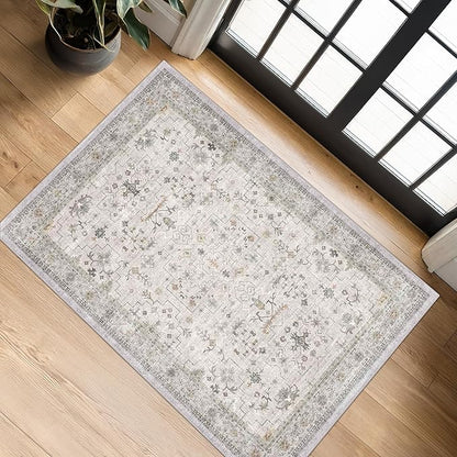 Light Grey Boho Bathroom Rug 2x3 - Modern Vintage Eclectic Floral Pastel Neutral Taupe, Washable Low Pile Non-Slip Small Throw Area Rugs for Entryway Door Mat Indoor Entrance, Kitchen