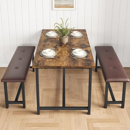 Garvee Dining Table with 2 Benches, Kitchen Table with 2 Upholstered Benches Rectangular Space Saving for Apartment, Dining Room, Kitchen, 44.5 Inches Large, Rustic Brown