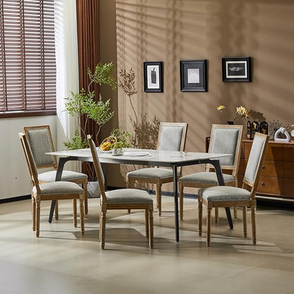 Merax Upholstered Solid Wood Dining Chairs Set of 6, French Country Style Accent Side Seating Furniture for Kitchen, Living Room, Cushioned Back, Grayish Green