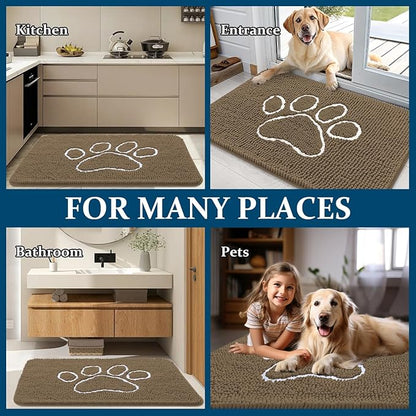 OLANLY Door Mat for Muddy Dog Paws 70x24, Ultra Absorbent Chenille Mud Doormat with Paw Print Design, Non-Slip Washable Doormat for Indoor Entryway, Quick-Dry Pet Bed Mats for Dirty Dogs, Tan