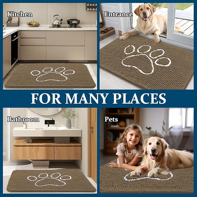 OLANLY Door Mat for Muddy Dog Paws 47x32, Ultra Absorbent Chenille Mud Doormat with Paw Print Design, Non-Slip Washable Doormat for Indoor Entryway, Quick-Dry Pet Bed Mats for Dirty Dogs, Tan