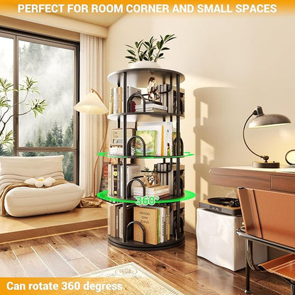 Aheaplus 4 Tier Rotating Bookshelf Tower, 360 Display Spinning Bookcase, Revolving Round Book Shelf Narrow Swivel Bookshelf, Vertical Turning Spiral Corner Book Organizer for Small Space, Black