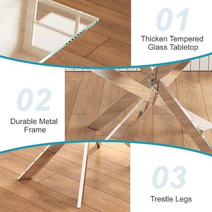 Dining Table for 4 Modern 47.2" Rectangular Glass Dining Table Kitchen & Dining Room Tables with Metal Base for Dining Room and Apartment, Silver