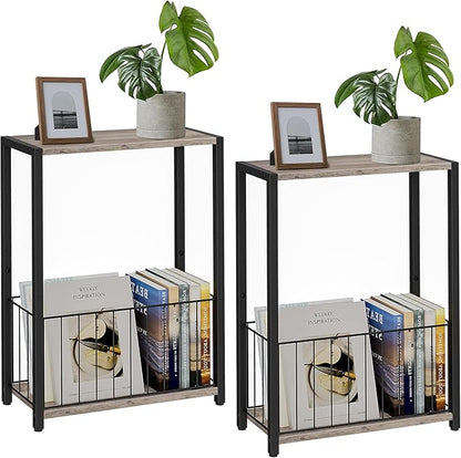 Narrow Side Tables Set of 2 with Magazine Holder, Skinny End Tables Perfect for Small Spaces, Space-Saving Design for Living Room, Bedroom, or Office, 7.1" D x 16.9" W x 23.6" H, Greige