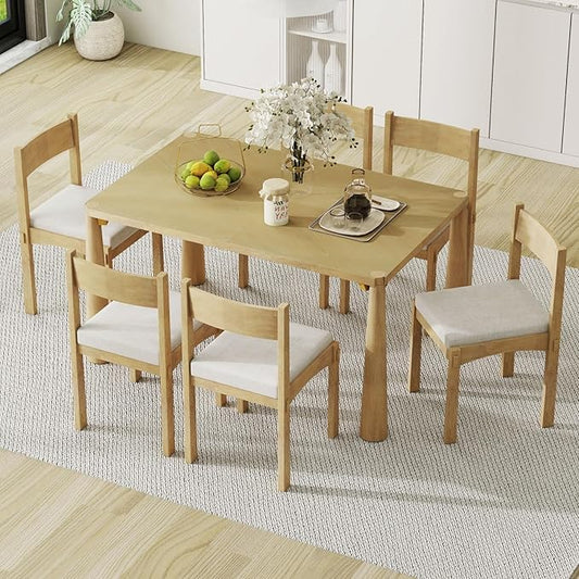 Dining Table with Chairs Set of 6, 7-Piece 60" Farmhouse Rectangular Dining Room Table with 6 Upholstered Solid Wood Chairs, Space Saving Kitchen Tables for Small Place, Natural Rubber Wood