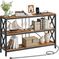 47.2" Console Table with Charging Station, 3-Tier Entryway Table, Industrial Sofa Desk, Hallway Desk with 2 AC Outlets and 2 USB Ports Metal Frame, Rustic Brown and Black TXG01UBF
