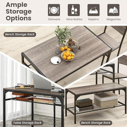 Tangkula Dining Table Set for 4, Kitchen Table and 2 Chairs for 4 with Bench, Additonal Storage Rack, 4 Piece Dining Table Set for Small Space, Apartment