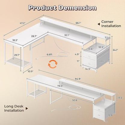 PRAISUN 66 Inch L Shaped Computer Desk with Power Outlets and LED Lights, Home Office Desk with Fabric Drawers and Print Stand, L Shape or Long Set up, Monitor Stand, Mesh CPU Stand, White
