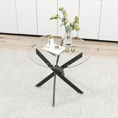 Glass Dining Table Modern Kitchen Table with Black Metal Legs 32 Inch Small Round Dining Table for Apartment Kitchen Dining Room