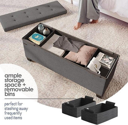 STORAGEBUD Storage Ottoman Bench with Bins, 43-in Storage Bench for Bedroom End of Bed, Folding Foot Rest Ottoman for Living Room Max 660lbs, Fabric Ottomans, Grey