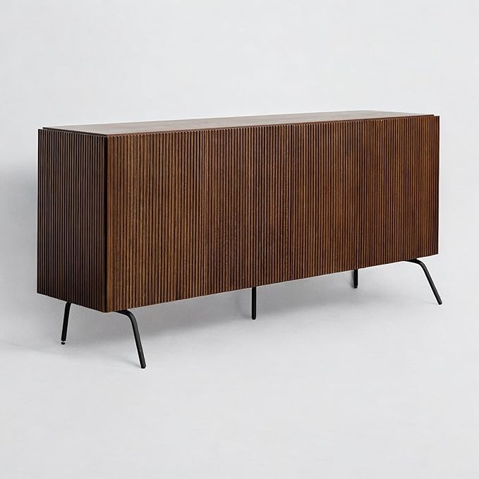 NTC Veil Modern Sideboard with 4 Doors, Buffet Cabinet with Vertical Groove Design and Metal Legs, Storage Cabinet for Living Room, and Hallway, Effortless Assembly - Dark Walnut