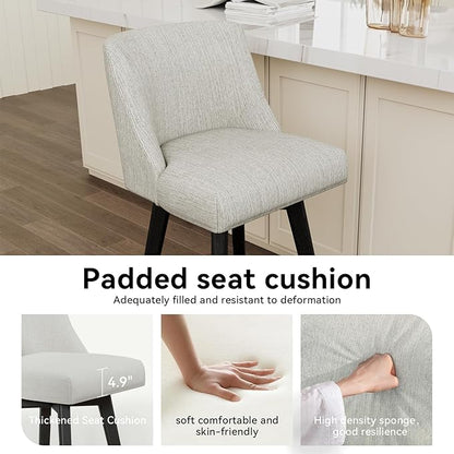 Vipbear Swivel Counter Height Bar Stools Set of 2,26.8" H Counter Stools with Back, Mid Century Modern Bar Stools for Kitchen Island,Linen Fabric,Wooden Base, White