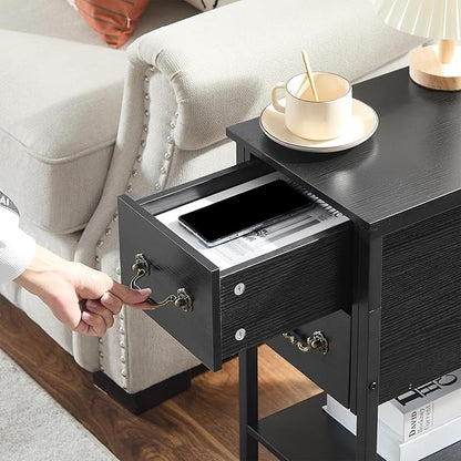 VECELO End Tables,Narrow Nightstands with Charging Station & USB Ports &Drawers,Night Stand for Living Room, Bedroom,Black